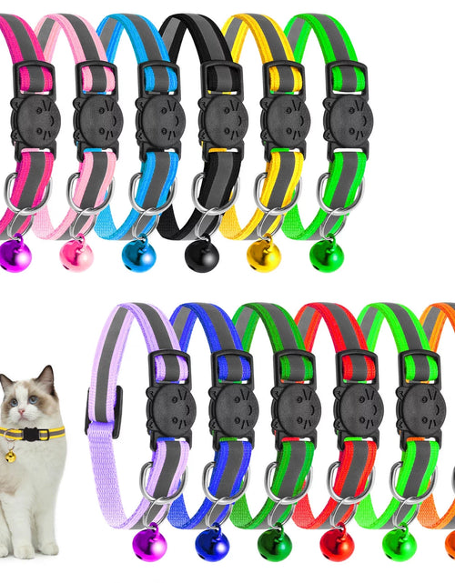 Load image into Gallery viewer, Upgraded Version - 12 Pack Reflective Cat Collar with Bell, Solid &amp; Safe Collars for Cats, Nylon, Mixed Colors, Safety Buckle Kitten Collar, Breakaway Cat Collar for Girl Cats Male Cats
