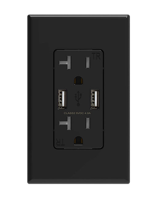 Load image into Gallery viewer, USB Charger Wall Outlet, Dual High Speed 4.0 Amp USB Ports with Smart Chip, 20 Amp Duplex Tamper Resistant Receptacle Plug NEMA 5-20R, Wall Plate Included, UL Listed (1 Pack, Glossy Black)
