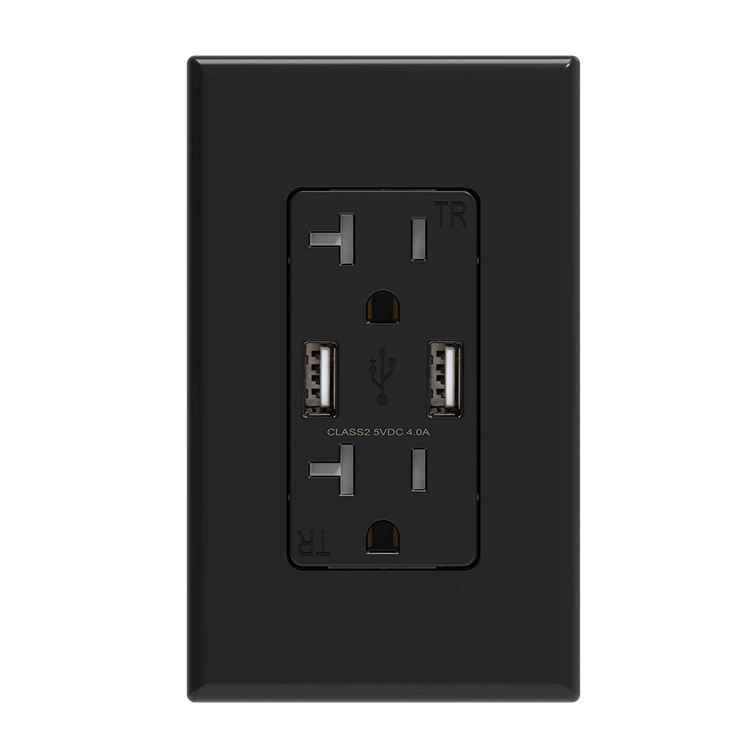 USB Charger Wall Outlet, Dual High Speed 4.0 Amp USB Ports with Smart Chip, 20 Amp Duplex Tamper Resistant Receptacle Plug NEMA 5-20R, Wall Plate Included, UL Listed (1 Pack, Glossy Black)