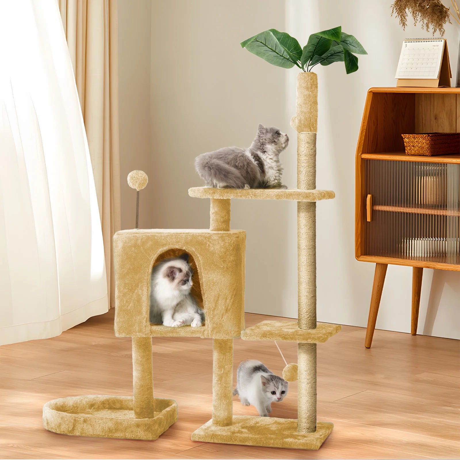 31.5" Cat Tree Cat Tower for Indoor Cats with Green Leaves, Cat Condo Cozy Plush Cat House with Hang Ball and Leaf Shape Design, Cat Furniture Pet House with Cat Scratching Posts,Beige