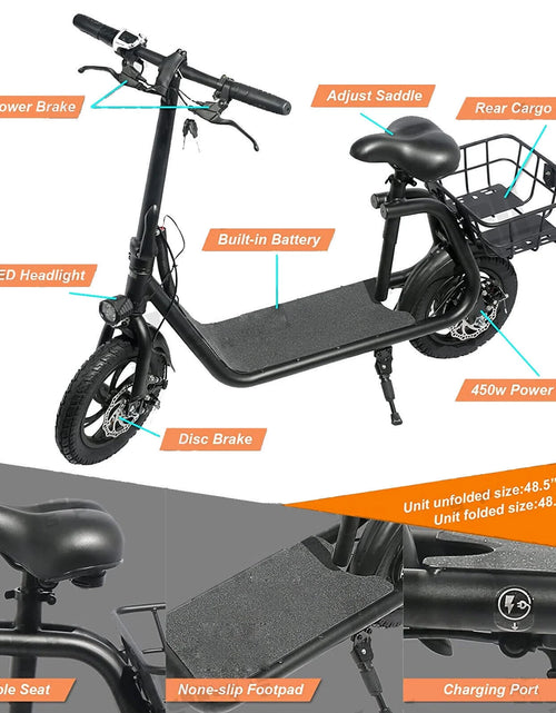 Load image into Gallery viewer, 450W 36V Folding Electric Scooters E-Scooter, 12 Inches Tires Sports Electric Scooter with Seat, Adult Electric Bike Ebike Biycle, Electric Moped for Adult Commuter, Black
