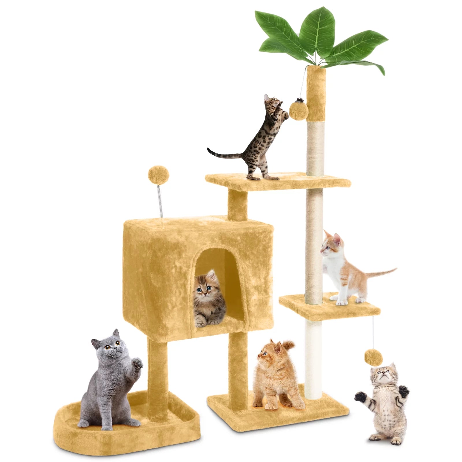 31.5" Cat Tree Cat Tower for Indoor Cats with Green Leaves, Cat Condo Cozy Plush Cat House with Hang Ball and Leaf Shape Design, Cat Furniture Pet House with Cat Scratching Posts,Beige