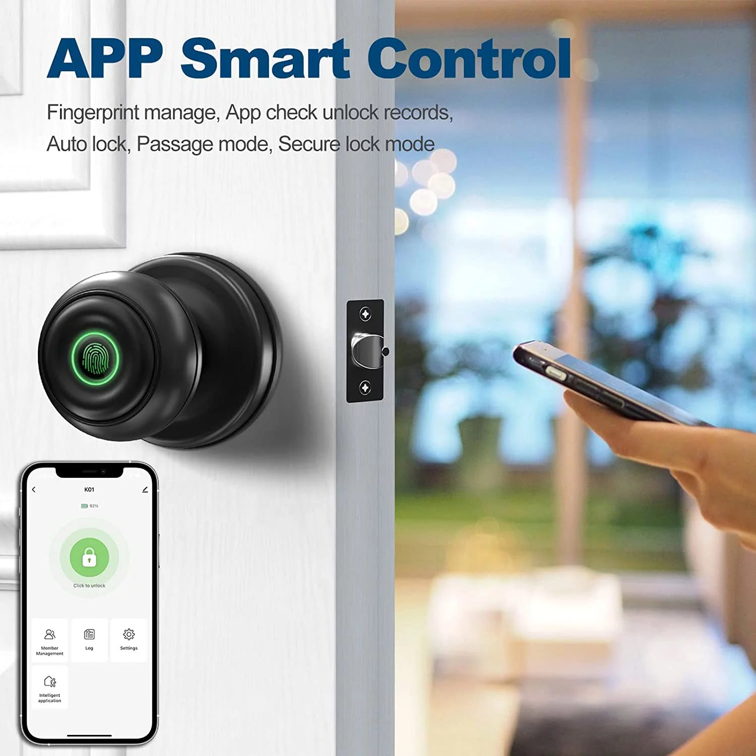 Smart Door Lock, Fingerprint Door Lock Smart Lock Biometric Door Lock Fingerprint Door Knob with App Control, Suitable for Bedrooms,Cloakroom,Apartments Offices,Hotels, Black